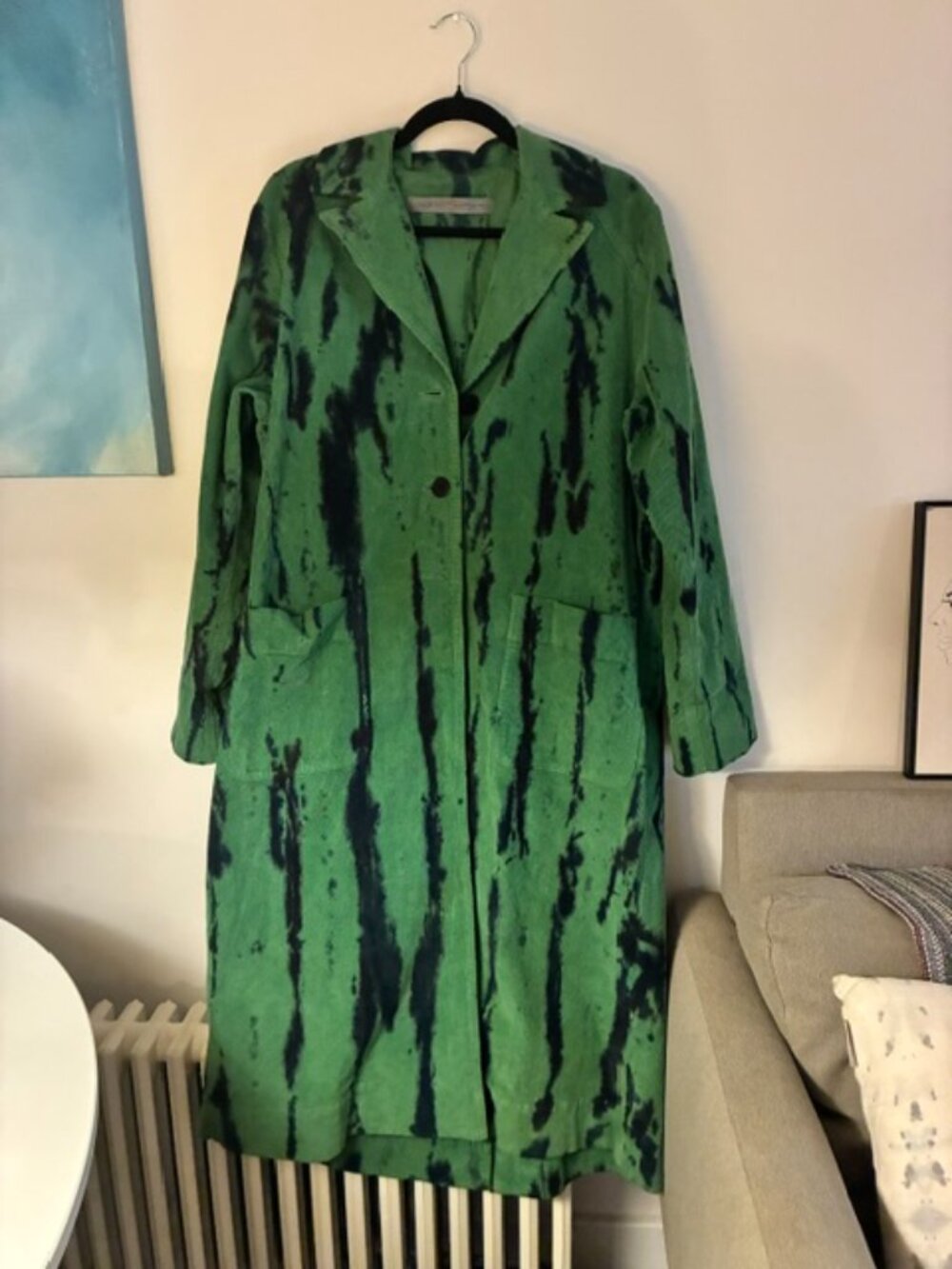 Raquel Allegra Green Tie Dye Corduroy Long Duster Coat Hand Dyed Size S